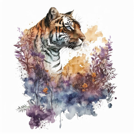 Watercolor illustration of a tiger with flowers and leaves. Isolated on white background.の素材