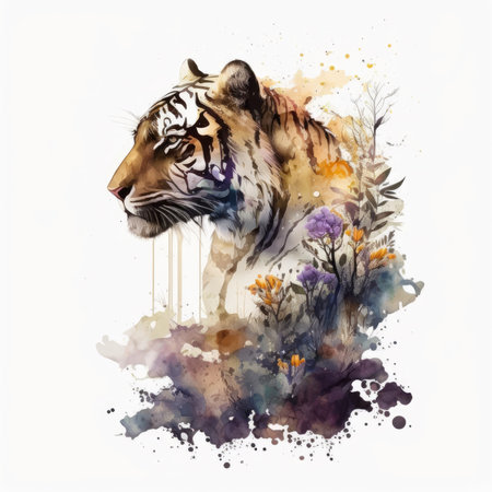 Watercolor illustration of a tiger on a white background with flowers.の素材