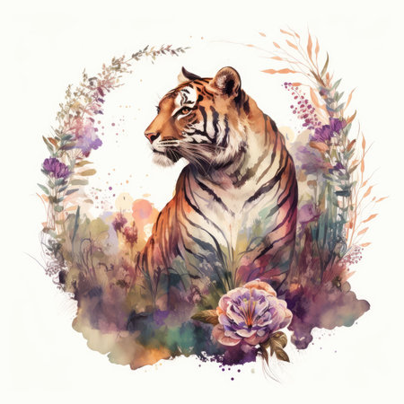 Watercolor illustration of a tiger on a background of wildflowersの素材