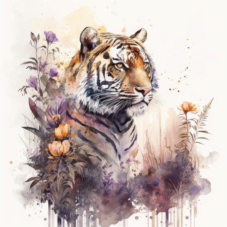 Watercolor illustration of a tiger with flowers in the forest. Wild animal.の素材