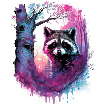 Raccoon in the forest. Hand drawn vector illustration on white background.の素材
