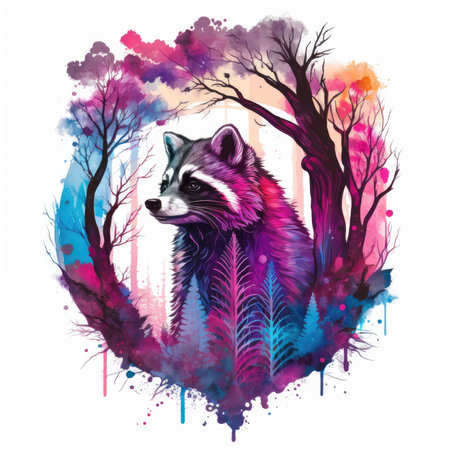 Watercolor illustration of raccoon in the forest. Hand-drawn illustration.の素材