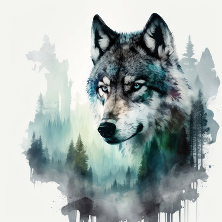 Watercolor painting of a wolf in the forest. Vector illustration.の素材