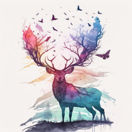 Watercolor painting of a deer in the forest. Vector illustration.の素材