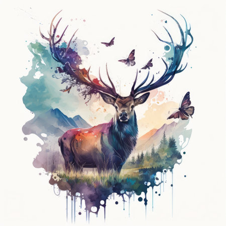 Watercolor painting of a deer in the meadow. Vector illustration.の素材