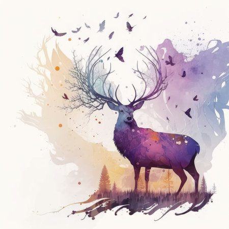 Watercolor painting of a deer in the forest. Vector illustration.の素材