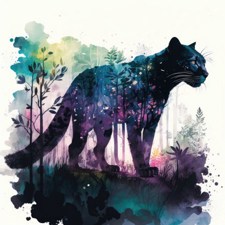 Panther in the jungle. Digital watercolor painting on canvas.の素材