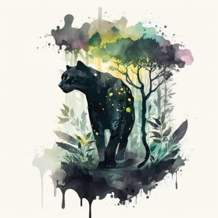 Watercolor silhouette of a black panther on a background of trees.の素材