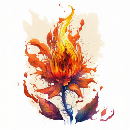 Burning flower on a white background with watercolor splashes.の素材