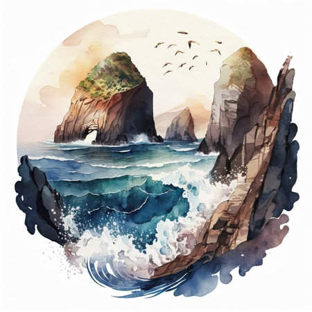 Watercolor seascape with rocky coast. Hand drawn illustration.の素材