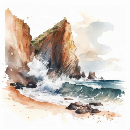 Watercolor illustration of a seascape with cliffs and waves.の素材