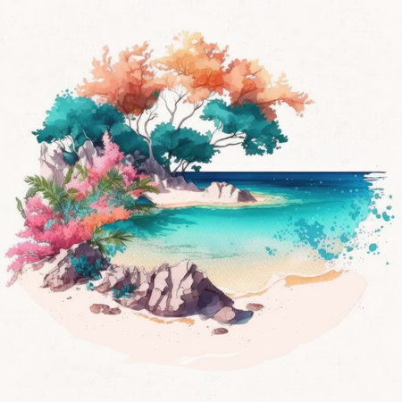 Tropical beach with palm trees. Watercolor hand drawn illustrationの素材