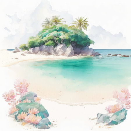 Tropical island with palm trees and flowers. Watercolor illustrationの素材