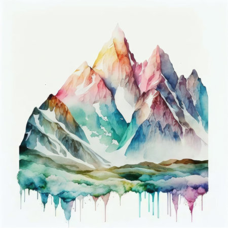 Watercolor mountains with icicles on white background. Hand drawn illustrationの素材