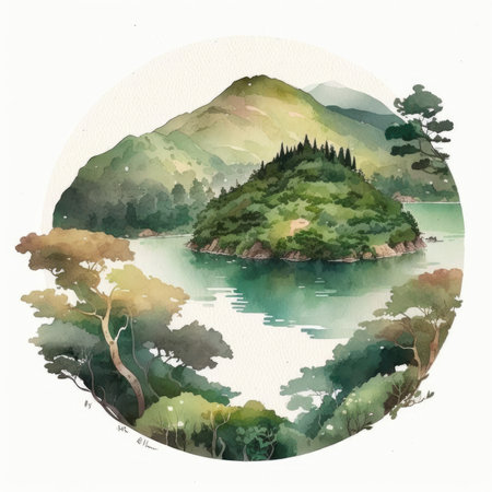 Watercolor landscape with mountains, forest and lake. Hand drawn illustration.の素材