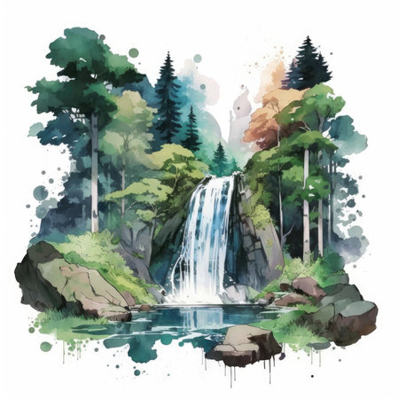 Watercolor landscape with a waterfall in the forest. Vector illustration.の素材