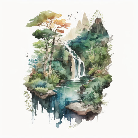 Watercolor illustration of a waterfall in the forest. High quality illustrationの素材