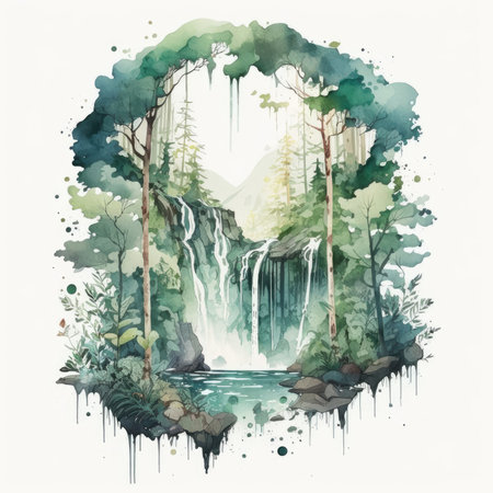 Watercolor illustration of a waterfall in the forest. Hand-drawn illustration.の素材
