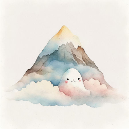 Watercolor illustration of a cute ghost on the background of the mountainの素材