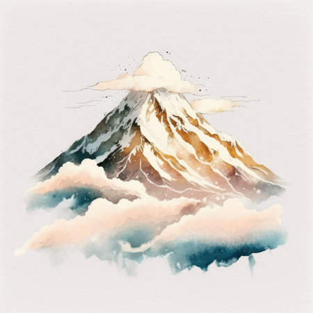 Watercolor mountain in the clouds. Hand-drawing illustration.の素材
