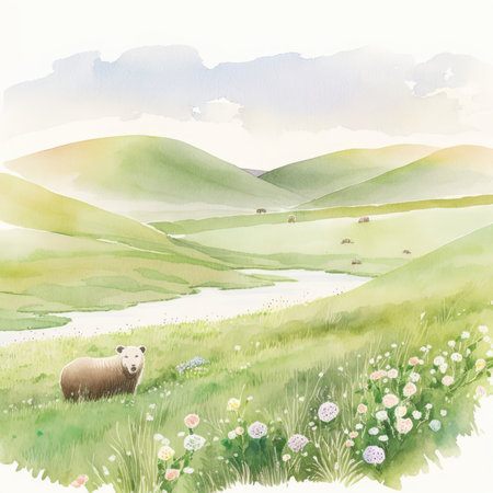 Watercolor landscape with sheep and meadow. Watercolor illustration.の素材