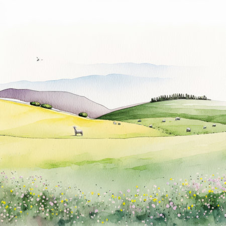 Hand drawn watercolor summer landscape with green meadow and hills.の素材