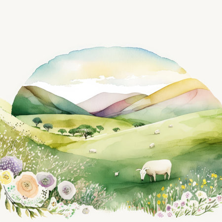 Watercolor landscape with sheep, flowers and mountains. Hand drawn illustrationの素材