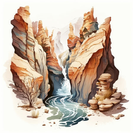 Watercolor illustration of a river flowing through the sandstone cliffs.の素材