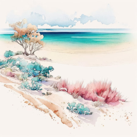 Tropical beach. Watercolor painting. Hand drawn illustration.の素材
