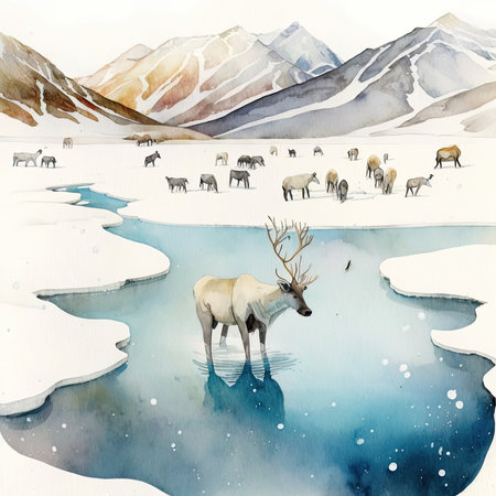 Watercolor illustration of reindeer on a frozen lake in mountainsの素材