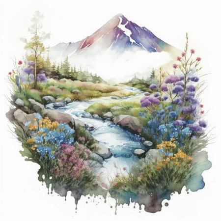 Watercolor mountain landscape with wildflowers and river. Hand drawn illustrationの素材