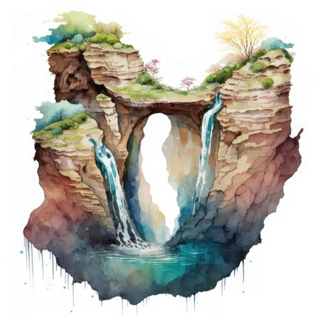 Watercolor illustration of a waterfall. Watercolor hand drawn illustration.の素材