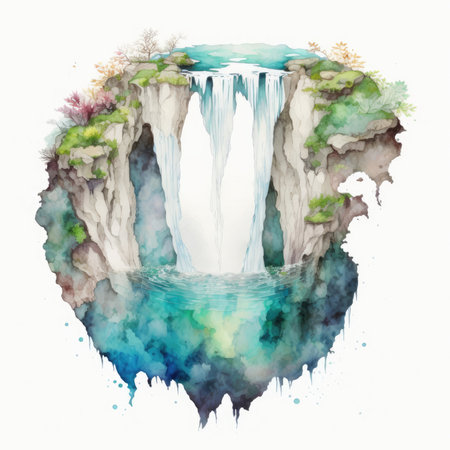 Watercolor illustration of a waterfall. Watercolor painting on white background.の素材