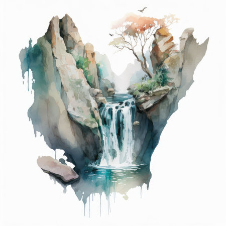 Watercolor illustration of a waterfall in the mountains. Watercolor hand drawn illustration.の素材