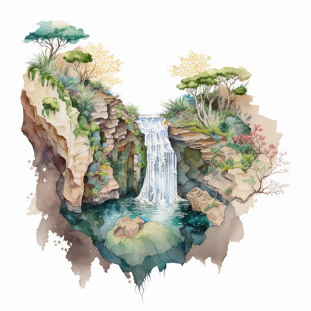 Watercolor illustration of a waterfall in the forest. Watercolor illustration.の素材