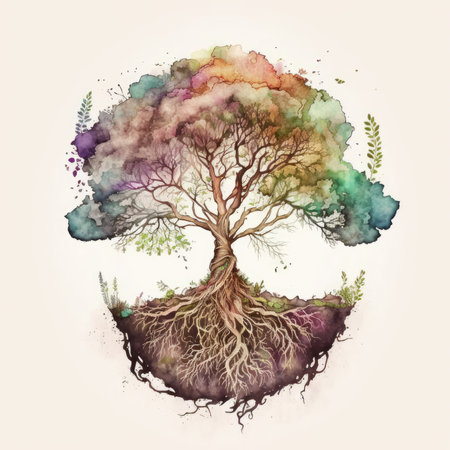 Watercolor illustration of a tree with roots in the form of a circle.の素材