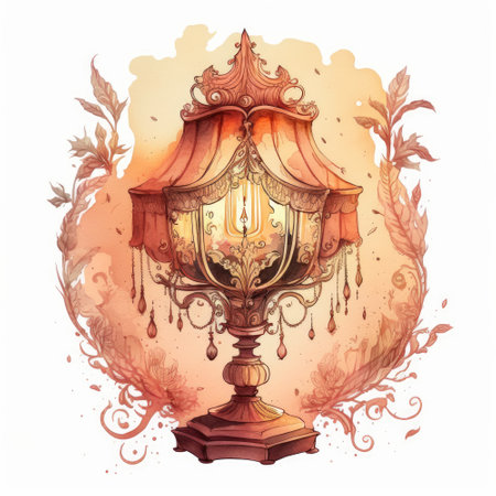 Vintage lamp with floral ornament. Hand drawn watercolor illustration.の素材