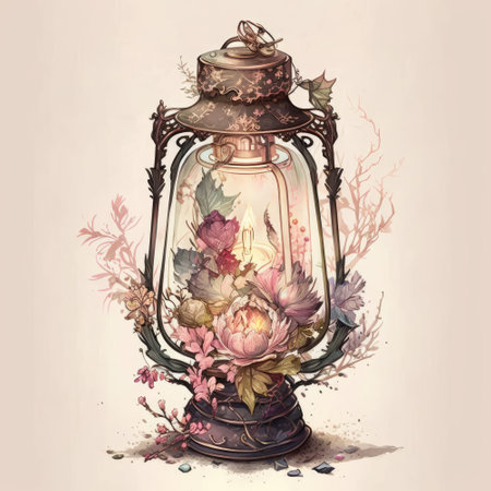 Lantern with flowers and leaves in vintage style. Watercolor illustration.の素材