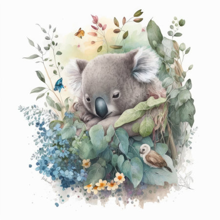 Watercolor illustration of a cute koala in a nest of flowersの素材