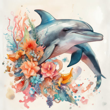 Dolphin with flowers in watercolor style. Hand drawn illustration.の素材
