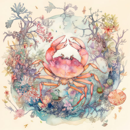 Watercolor illustration of a crab on the background of the sea.の素材