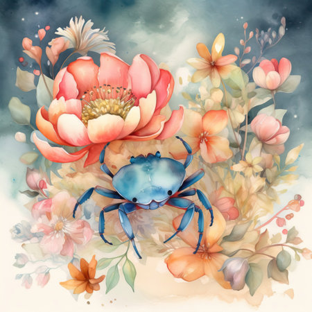 Watercolor illustration of a blue crab with flowers on a blue backgroundの素材