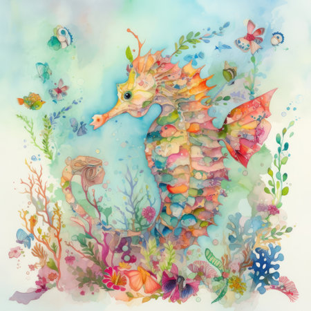 Watercolor seahorse, seaweed and butterfly on the watercolor backgroundの素材