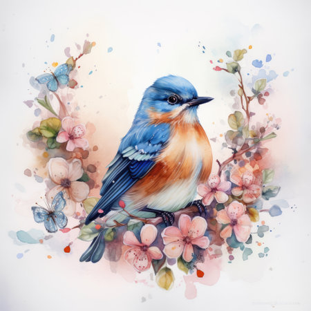 Watercolor illustration of a bluebird on a branch with flowers.の素材