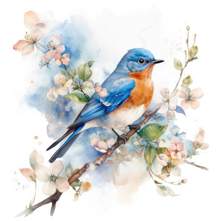 Watercolor illustration of a bluebird on a branch of blooming sakuraの素材