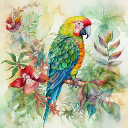 Beautiful watercolor tropical parrot with flowers and leaves. Illustrationの素材