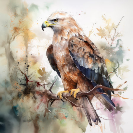 Watercolor painting of a Red-tailed Hawk sitting on a branchの素材