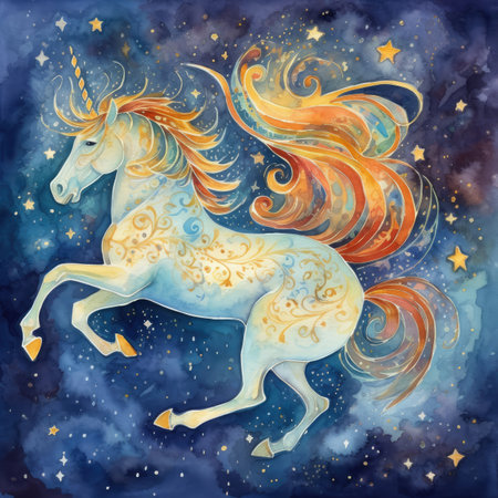 Magic unicorn in the starry sky. Watercolor hand drawn illustrationの素材