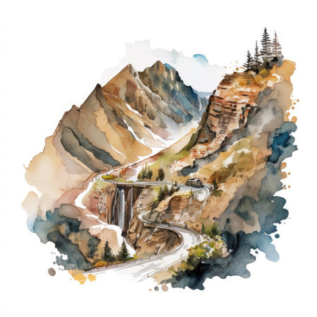 Watercolor mountain landscape with river and forest. Hand drawn illustration.の素材