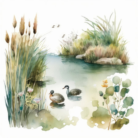 Watercolor illustration of a pond with ducks and reeds on it.の素材